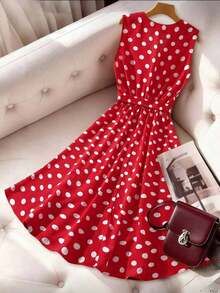Vestido de línea A con cuello en V sin mangas, estampado de lunares y lazo en la cintura, adecuado para el Día de San Valentín y citas - Rojo - Ver 2