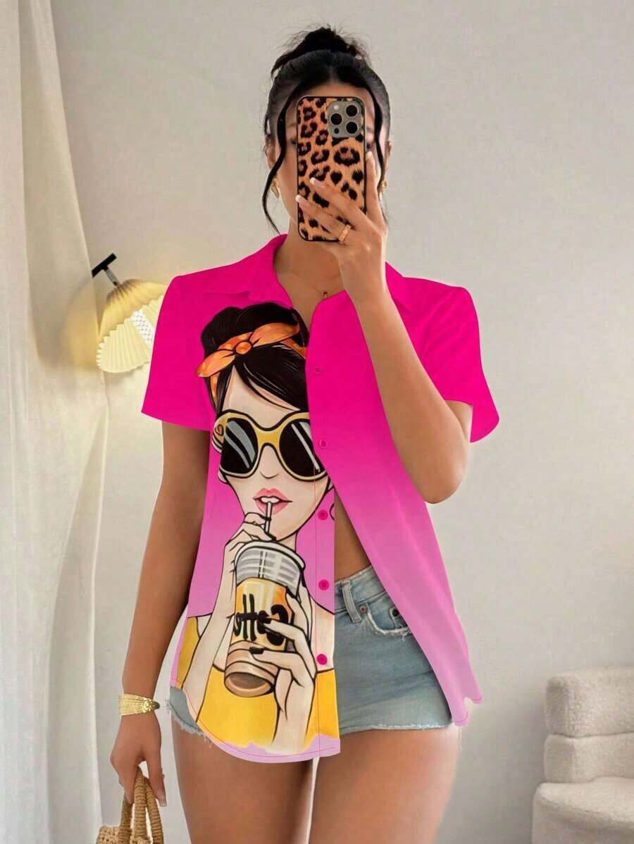 Blusa de mujer con estampado de chica de moda, manga corta y abotonadura, top de manga corta - Multicolor - Ver 1