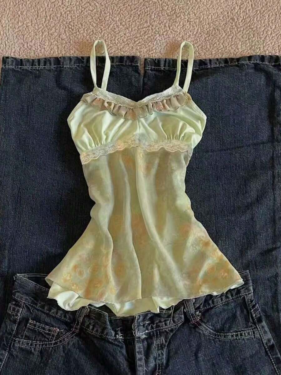 Camiseta de tirantes elegante con estampado floral y ribete de encaje para mujer en verano - Verde - Ver 1