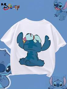 1pc Disney Boys & Girls Kids Lilo & Stitch Stitch T-Shirt - Cute Stitch & Scrump Back Print, Breathable Summer Short Sleeve Tee Suitable For 8-14 Years Boys & Girls, Birthday Outfit, School Uniform, Outdoor Play - Official Kids Apparel - 白色 - 查看 2