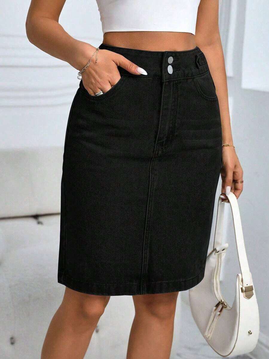 Falda lápiz de mezclilla de cintura alta de unicolor simple para uso casual, oficina y trayecto diario - Negro - Ver 1