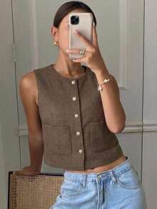 Chaqueta ajustada sin mangas de cuello redondo de unicolor para mujer, primavera/verano - Marrón - Ver 4