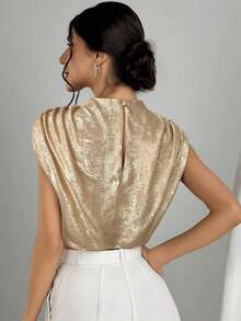 Blusa de mujer con cuello mao de unicolor y pliegues, informal y elegante, manga de murciélago fruncida, ajuste regular, top casual de uso diario para primavera/verano - Dorado - Ver 3