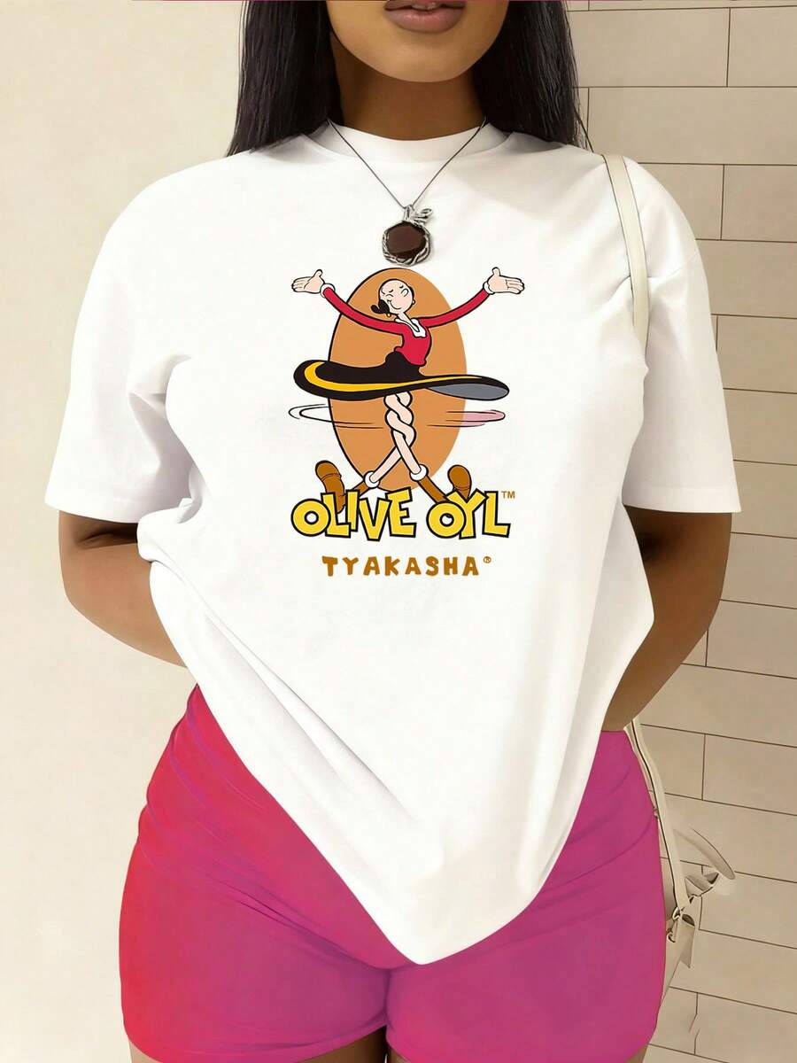 Women's Fashionable T-Shirt, Featuring The "Mighty Man From And " Pattern Print, Made Of 100% Pure Cotton With A Round Neck And Short Sleeves. It Is Comfortable And Breathable, Casual And Elegant, A Must-Have For Summer. - 白色 - 查看 1