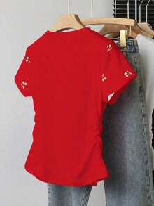 lanzamiento de verano, top corto versátil y casual con estampado de limón dulce, camiseta ajustada a la cintura para mujer, diseño cómodo, adecuado para uso diario, al aire libre, compras - Rojo - Ver 2