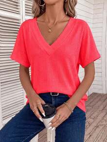 Camiseta de manga corta de uso diario versátil y casual con cuello en V para mujer - Rojo - Ver 3