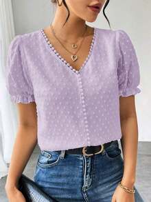Blusa de gasa con estampado de lunares francés de moda para mujer, diseño elegante y elegante de manga corta con volantes para el verano - Púrpura malva - Ver 1