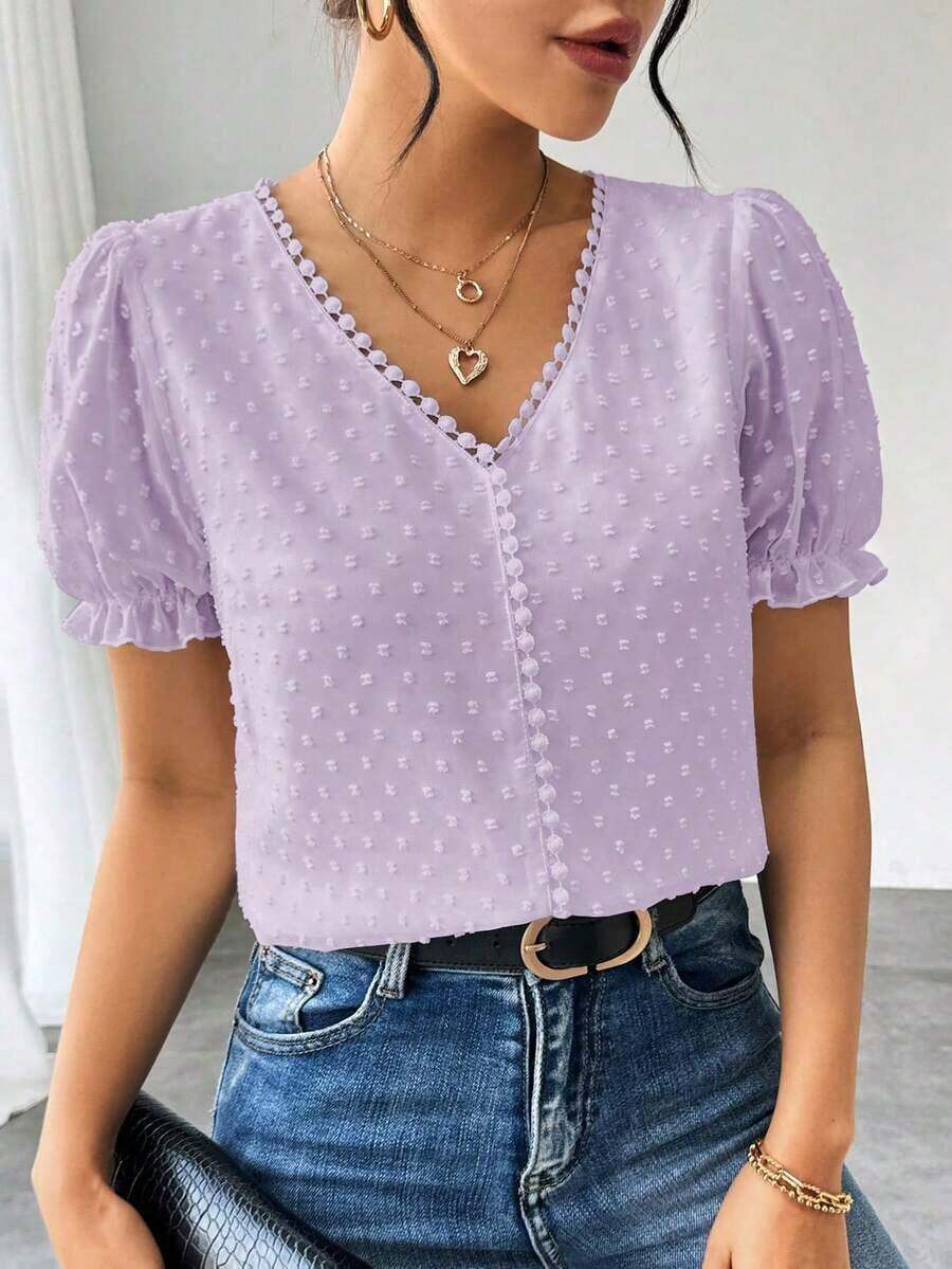 Blusa de gasa con estampado de lunares francés de moda para mujer, diseño elegante y elegante de manga corta con volantes para el verano - Púrpura malva - Ver 1