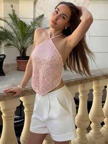 Top halter con espalda descubierta y lentejuelas sexy para mujer, ideal para verano, vacaciones en la playa, estilo bohemio, tropical, conciertos, festivales, country, Ibiza, Nashville, estilo occidental, boho, streetwear, gyaru - Rosa - Ver 5