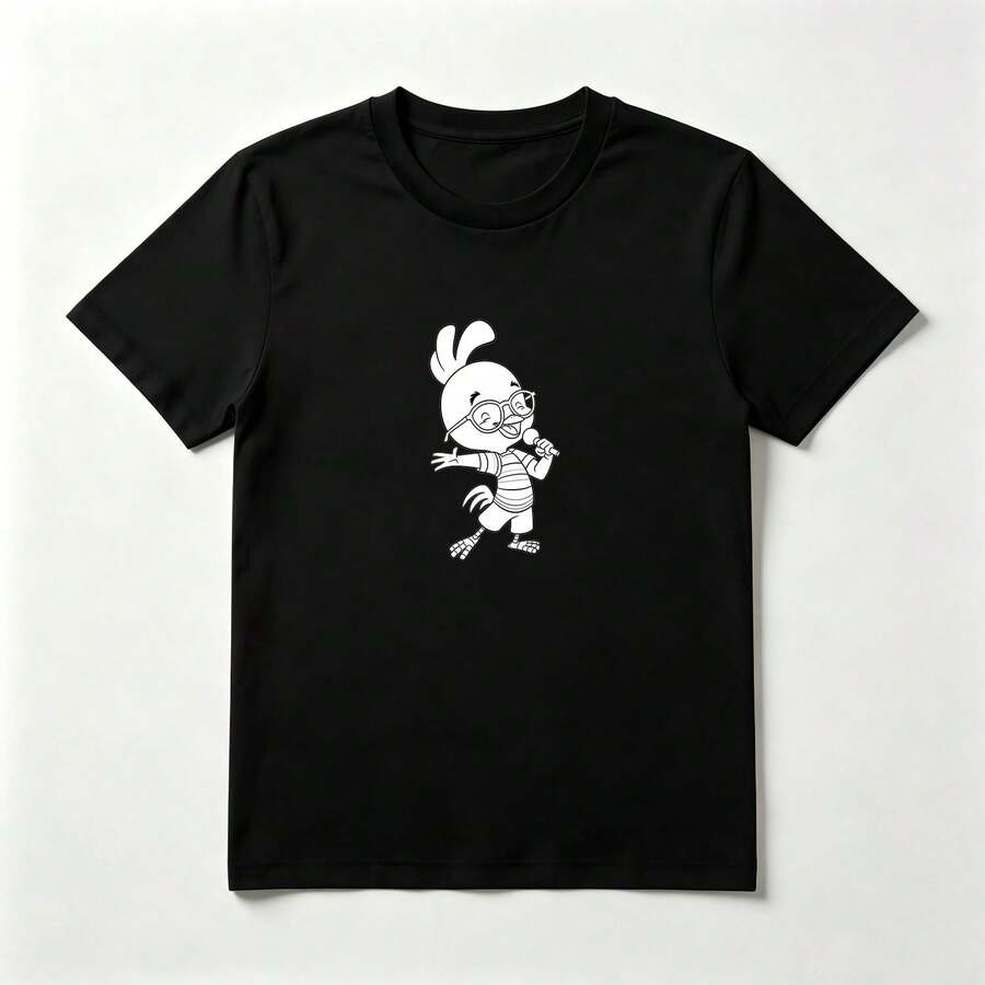 Camiseta Estampado Pollito Cantando con Micrófono - Algodón Puro Divertido - Negro - Ver 1
