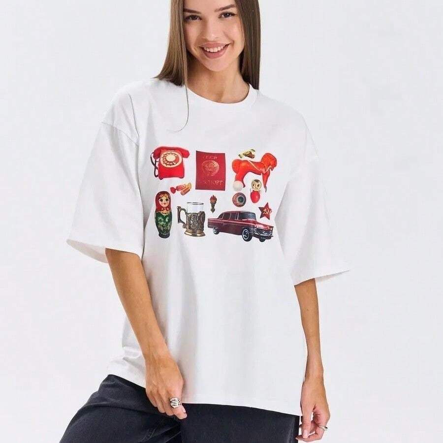 Top de algodón de verano 2026, estilo europeo y americano, holgado, versátil, elegante, de manga corta, con estampado vintage. - Blanco - Ver 1
