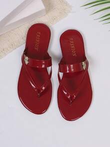 Women's Fashion Rhinestone Bow Tie Strap Flip Flops, Casual Versatile Beach Vacation Party Indoor & Outdoor Sandals, Summer New Arrival - Red - View 7