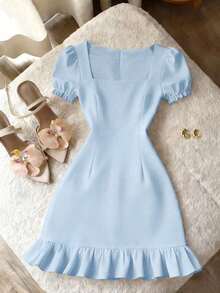 Vestido casual de línea A de manga corta con cuello cuadrado y perlas, unicolor elegante, adecuado para invitados, banquetes, cumpleaños, fiestas, verano/otoño, citas, ir al trabajo, estilo callejero, color albaricoque - Azul - Ver 4