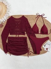 Swim Conjunto de bikini de unicolor con parte superior y falda de cobertura, con escote halter y lazos, para mujer en verano - Rojo - Ver 5