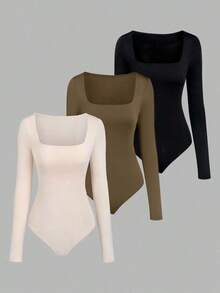 Sweetro Set de 3 bodys de manga larga para mujer en color albaricoque, marrón café y negro, de ajuste ceñido y estilo minimalista y versátil para el día a día - Multicolor 7 - Ver 7