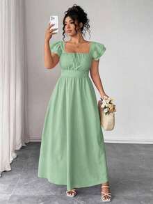 Vestido elegante de talla grande para mujer con cuello cuadrado, mangas con volantes en capas, lazo delantero y trasero, diseño ajustado en la cintura y casual - Verde 2 - Ver 3