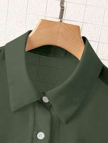 Blusa minimalista de unicolor transparente con cuello vuelto, blusas de manga larga - Verde militar - Ver 6
