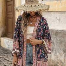 Open Front Graphic Print Kimono Summer - Azul Marino - Ver 1