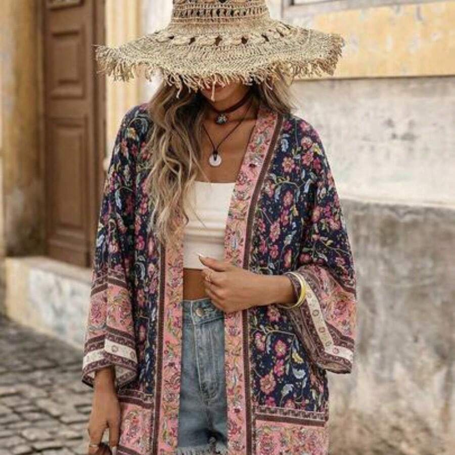 Open Front Graphic Print Kimono Summer - Azul Marino - Ver 1