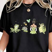 Tiana And The Frog Women's T-Shirt: Official Princess Family Set, Featuring Tiana And A Green Frog, Beige Color, Suitable For The Whole Family, Short-Sleeved T-Shirt, Casual And Versatile. - 黑色 - 查看 4