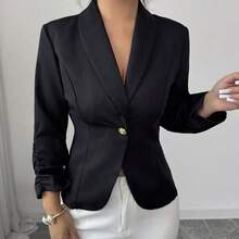 Elenzya Elegant Rose Gold Metal Button Waist Cinched Shawl Neck Black Long Sleeve Women Thin Blazer - Negro - Ver 4