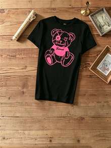 Set Prenda individual, no un conjunto de 3 piezas, 1 piezas/set de camisetas de manga suitable for streetwear, Top oversized cuello redondo daily outings, camping, concerts, hip-hop, rock, and rap events Manga Corta Cuello Redondo Estampado California Los Angeles Brooklyn New York Mujer - Negro - Ver 2