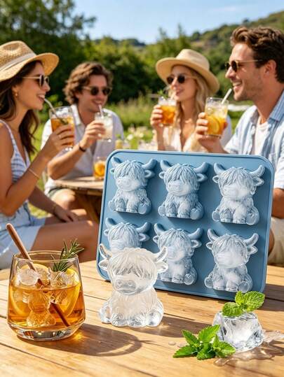 1pc 6-Cavity Highland Cow Shaped Silicone Ice Cube Tray - 3D Cute Cow Mold In Blue & Pink, Suitable For Whiskey Cocktails And Baking, Silicone Mold For Easter And Holiday Decor