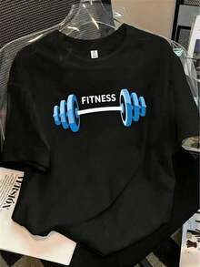 1 pieza de camiseta holgada para mujer con estampado temático de fitness, de tela suave y transpirable, con estampados de mancuernas rosas y letras de fitness, cuello redondo, manga corta, ideal para entrenamientos en el gimnasio y uso casual diario, un conjunto versátil de ropa deportiva informal para todas las estaciones, ropa deportiva para mujer (fondo negro con diseños rosados y otros colores), ropa deportiva saludable, ropa de estilo de vida, elasticidad media, camiseta estampada, ropa de mujer, ropa de fitness, prenda esencial para el vestuario diario, corte ligero, también disponible en pantalones de fitness para mujer. 180g 100% Algodón - Negro 3 - Ver 1