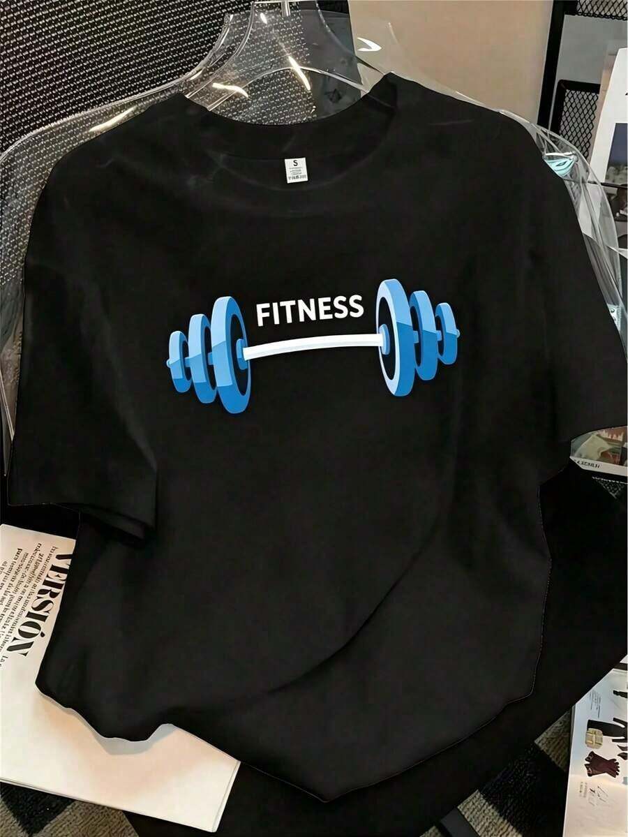 1 pieza de camiseta holgada para mujer con estampado temático de fitness, de tela suave y transpirable, con estampados de mancuernas rosas y letras de fitness, cuello redondo, manga corta, ideal para entrenamientos en el gimnasio y uso casual diario, un conjunto versátil de ropa deportiva informal para todas las estaciones, ropa deportiva para mujer (fondo negro con diseños rosados y otros colores), ropa deportiva saludable, ropa de estilo de vida, elasticidad media, camiseta estampada, ropa de mujer, ropa de fitness, prenda esencial para el vestuario diario, corte ligero, también disponible en pantalones de fitness para mujer. 180g 100% Algodón - Negro 3 - Ver 1