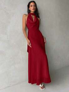 Vestido de mujer con cuello drapeado, línea A y espalda descubierta en color amarillo fluido - Rojo - Ver 3