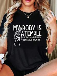 Tallas Grandes - Tallas Grandes - Burla de Sí Mismo y Optimismo: "MI CUERPO ES UN TEMPLO ANTIGUO, EN RUINAS Y PROBABILMENTE HAUTADO" Combinado con una camiseta de cuello redondo, moderna y casual, para mujer, de talla grande, con estampado de calaveras, para primavera y verano. - Negro - Ver 7