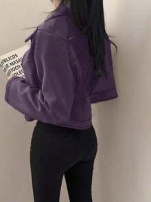 Chaqueta con cremallera de unicolor y cuello de ante sintético para mujer, uso casual para la escuela, el aeropuerto, primavera/otoño - Morado - Ver 4