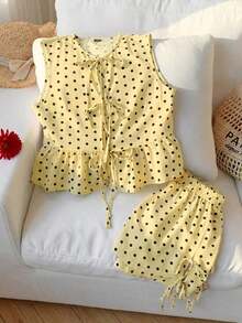 Set de 2 piezas de ropa de mujer con top tipo camiseta con cordones y shorts a cuadros, ideal para el Día de San Valentín - amarillo ganso - Ver 5