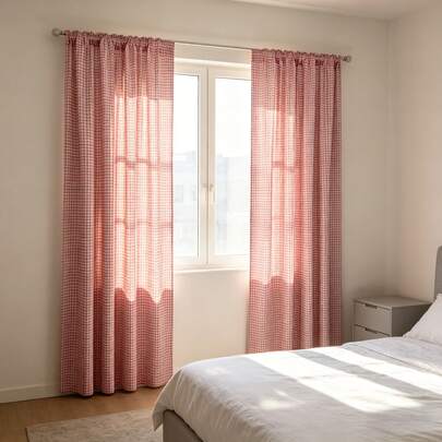 2 tấm rèm cửa kiểu Hàn Quốc màu hồng kẻ caro, làm từ chất liệu cotton, đảm bảo sự riêng tư và cho ánh sáng xuyên qua, có thể giặt máy và dễ dàng lắp đặt cho cửa sổ phòng khách và phòng ngủ, rèm cửa gia đình - kiểu may luồn thanh treo.