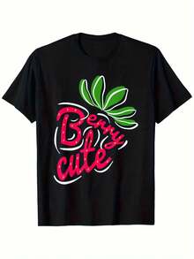 Camiseta TeeBerry Cute Strawberry Lover's - 100% algodón, cuello redondo casual, negra con diseño de frutas rojas, tallas S-XXXL, un regalo ideal para hombres, mujeres y amigos, artículo con temática de fresas. - Negro - Ver 1