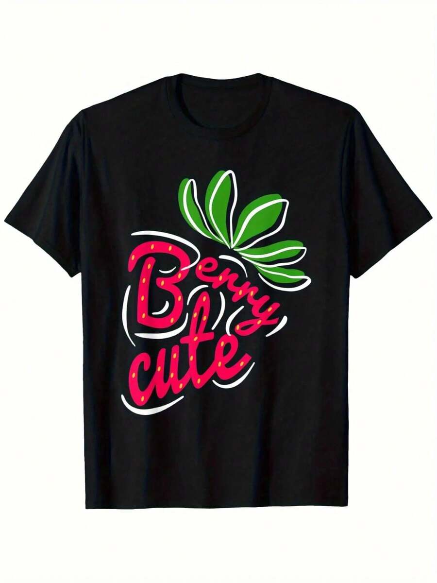 Camiseta TeeBerry Cute Strawberry Lover's - 100% algodón, cuello redondo casual, negra con diseño de frutas rojas, tallas S-XXXL, un regalo ideal para hombres, mujeres y amigos, artículo con temática de fresas. - Negro - Ver 1