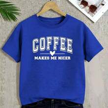 Women's Plus Size Vintage Cotton T-Shirt With Coffee Print, Short Sleeve, Loose Fit, Round Neck, For Everyday Wear, Various Sizes, Soft And Breathable Cotton Fabric, Letter Print T-Shirt, Comfortable Plus Size Clothing. - 藍色 - 查看 7