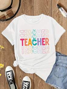 Camiseta de Moda para Mujer de Diseño Simple y Versátil, Camiseta con Estampado y Cuello Redondo, Camiseta Casual de Manga Corta y Cuello Redondo para Mujer, Camiseta de Algodón - Blanco - Ver 4