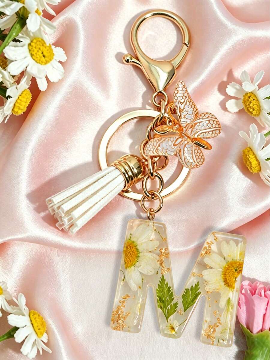1个字母干花钥匙扣，白色雏菊简约吊坠配蝴蝶流苏，礼品钥匙扣 - 白色 - 查看 1