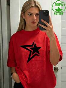 Camiseta moderna, minimalista y a la moda, con estampado de estrellas retro americano, de manga corta y resistente, adecuada para todas las estaciones, un excelente regalo para ir de compras y para uso diario informal. - Rojo - Ver 7