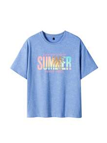 T-shirt à manches courtes coupe régulière, style INS "Summer" avec imprimé graphique de slogan palmier, bleu délavé acide vintage, top d'été décontracté en tissu épais lavé - Bleu ciel - Voir 6