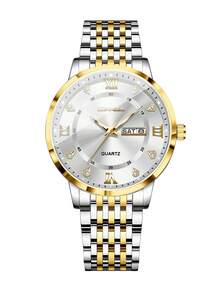 1pc Men's Business Quartz Wrist Watch, Gold-Tone Alloy Band, Calendar, Diamond-Encrusted Roman Numeral Dial, Classic Fashion Casual Watch, Gift For Boyfriend (1pc/Set, Watch Box Not Included) - White - View 8