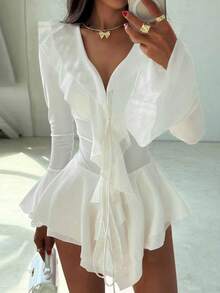 Vestido otoño invierno unicolor cuello V manga abullonada con volantes cintura ajustada elegante moda estilo europeo sofisticado para mujer - Blanco - Ver 2