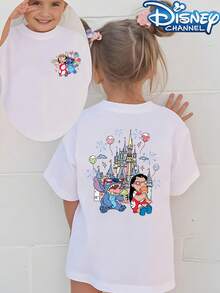 [Authorized] Stitch And Lilo Castle Print Disney Girls' Summer Round Neck Casual T-Shirt For Children, Slightly Stretchy Fabric, Suitable For Birthday Gifts, Ideal For Daily Activities, Sports, And Travel, Summer T-Shirts For Girls - trắng - Xem 1