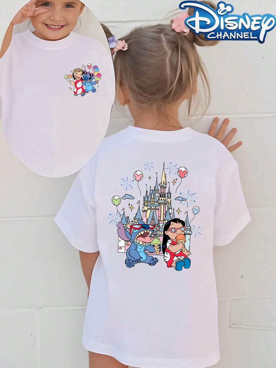 [Authorized] Stitch And Lilo Castle Print Disney Girls' Summer Round Neck Casual T-Shirt For Children, Slightly Stretchy Fabric, Suitable For Birthday Gifts, Ideal For Daily Activities, Sports, And Travel, Summer T-Shirts For Girls - trắng - Xem 1