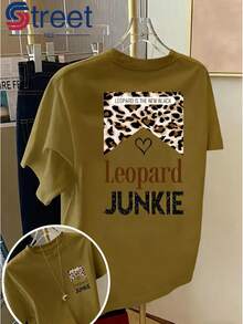 Women's Vintage Double-Sided Print T-Shirt, Casual Summer Style With Round Neck And Short Sleeves, Fashionable Printed T-Shirt, With Leopard Print "Leopard" With Hearts And Letters, Loose And Slimming Cut, Sweet And Fresh Outfit For Fashionable Girls. - 杏色 - 查看 8