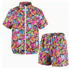 2pcs Set (T-Shirt + Shorts), Excluding Fashion Glasses, 80s Disco Style Sports Tee And Shorts, Retro Jogging Outfit - Hot Pink - View 7