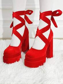 Platform High Heels For Women Goth Sexy Bow Chunky Heel Mary Janes Dressy Ankle Strap Round Closed Toe Y2K Shoes Elegant Outfits Valentine's Day - 紅色 - 查看 11