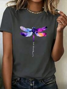Playera Oversize Mujer "Libélula Multicolor" - Estampado Acuarela con Frase "Warrior" - Gris Oscuro - Ver 2