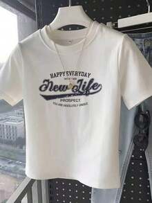 Camiseta Casual Personalizada de Manga Corta para Mujer, Diseño Recortado, Efecto Adelgazante, Estilo Moderno, Versátil para Verano, Vacaciones, Blanca, Estilo Vintage Urbano, Camiseta Holgada de Algodón con Cuello Redondo y Manga Corta - Blanco - Ver 7